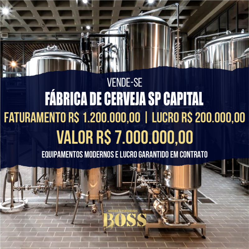 Fábrica de Cerveja SP Capital <br>Faturamento mensal R$ 1.200.000,00 <br>Lucro mensal R$ 200.000,00