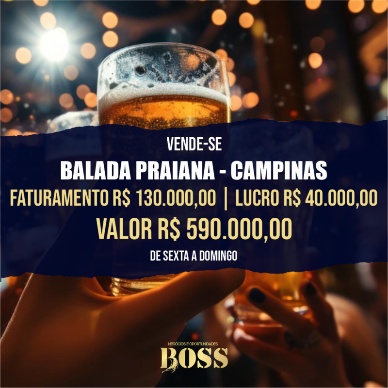 Bar em Campinas <br>Faturamento mensal R$ 130.000,00 <br>Lucro mensal R$ 40.000,00