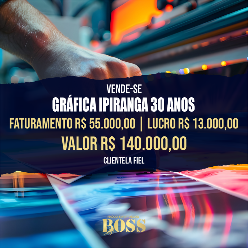 Gráfica Tradicional 30 anos Ipiranga <br>Faturamento mensal R$ 55.000,00 <br>Lucro mensal R$ 13.000,00