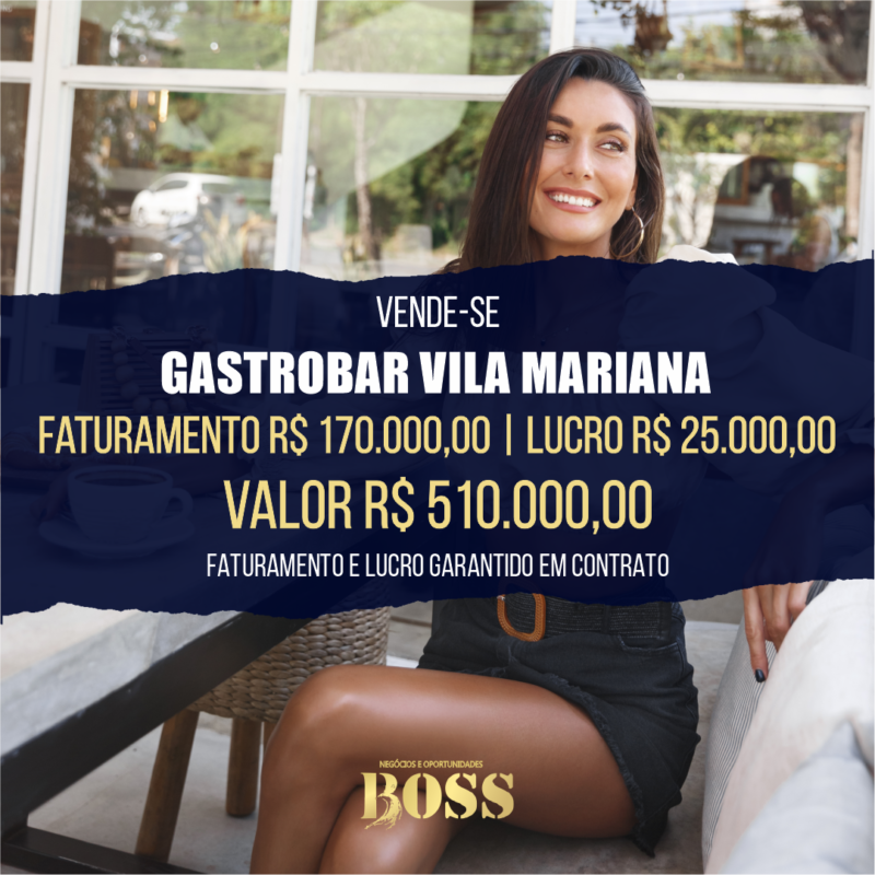 Restaurante Gastrobar Vila Mariana  <br>Faturamento mensal R$ 170.000,00 <br>Lucro mensal R$ 25.000,00