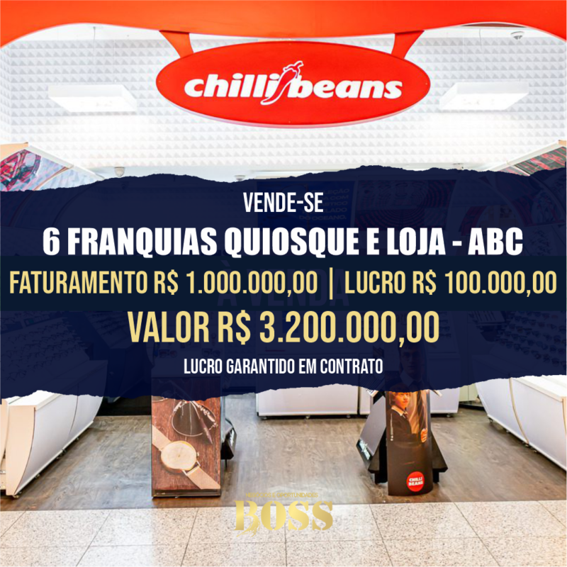 6 Franquias Chillibeans no ABC <br>Faturamento mensal 1.000.000,00 <br>Lucro mensal 100.000,00
