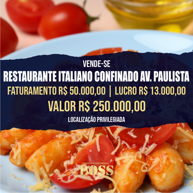 Cantina Italiana Confinada – Av. Paulista <br>Faturamento mensal R$50.000,00 <br>Lucro mensal R$13.000,00