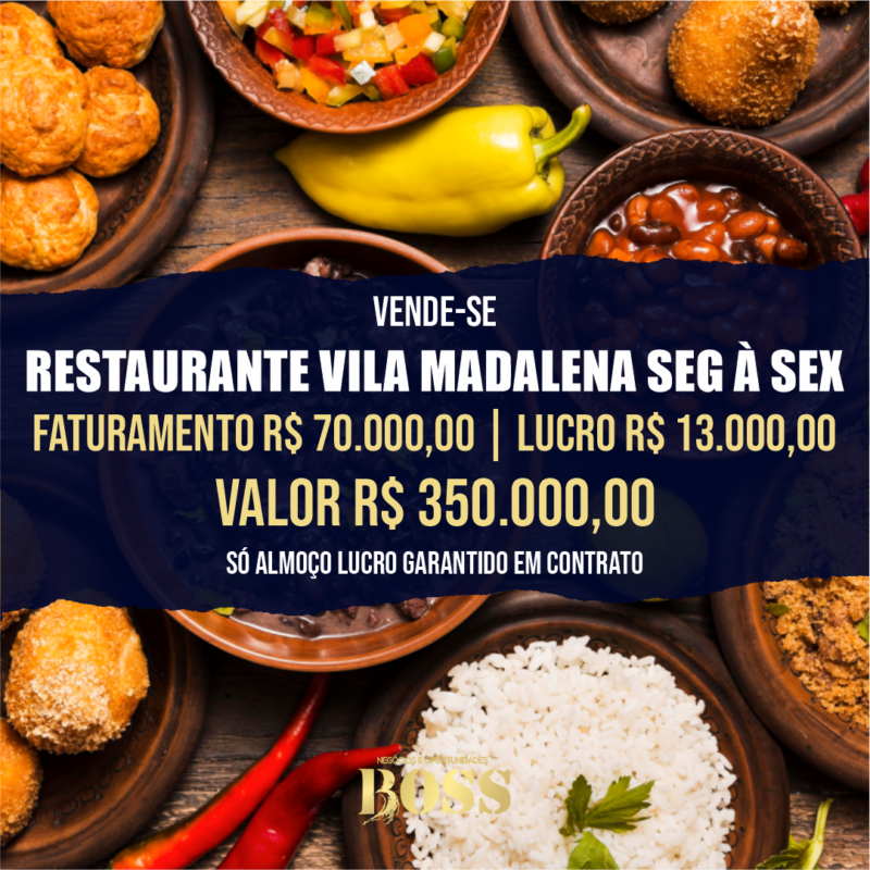 Restaurante Seg à Sex Almoço Vila Madalena <br>Faturamento mensal R$ 70.000,00 <br>Lucro mensal R$ 13.000,00