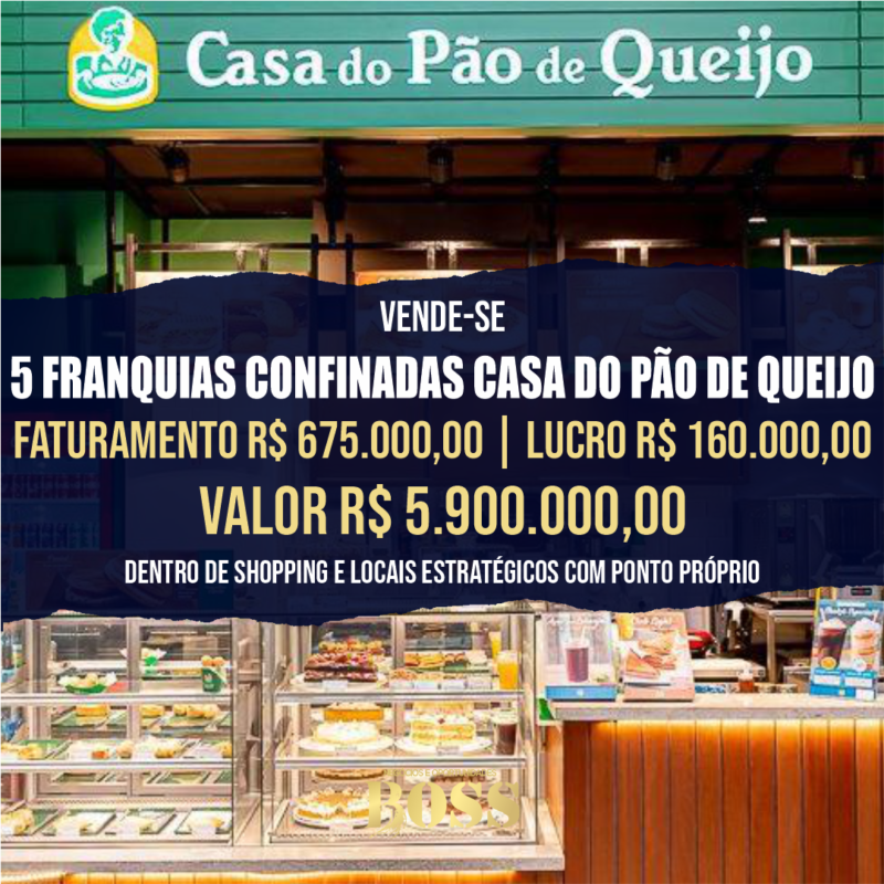 5 Franquias Casa do Pão de Queijo <br>Faturamento mensal R$ 675.000,00 <br>Lucro mensal R$ 160.000,00