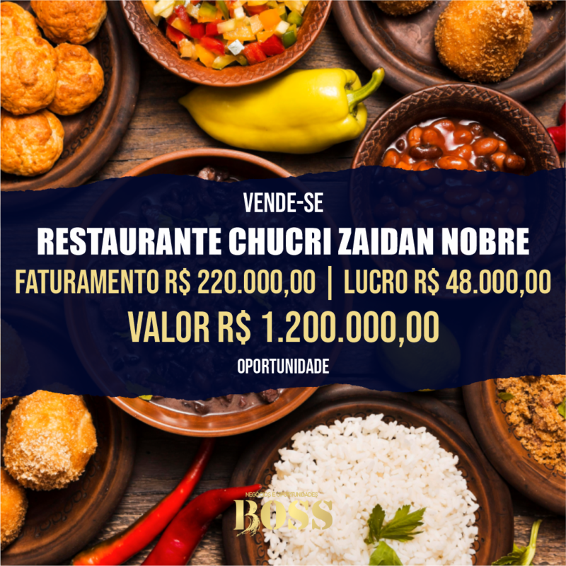 Restaurante Chucri Zaidan Nobre <br>Faturamento mensal R$220.000,00 <br>Lucro mensal R$48.000,00