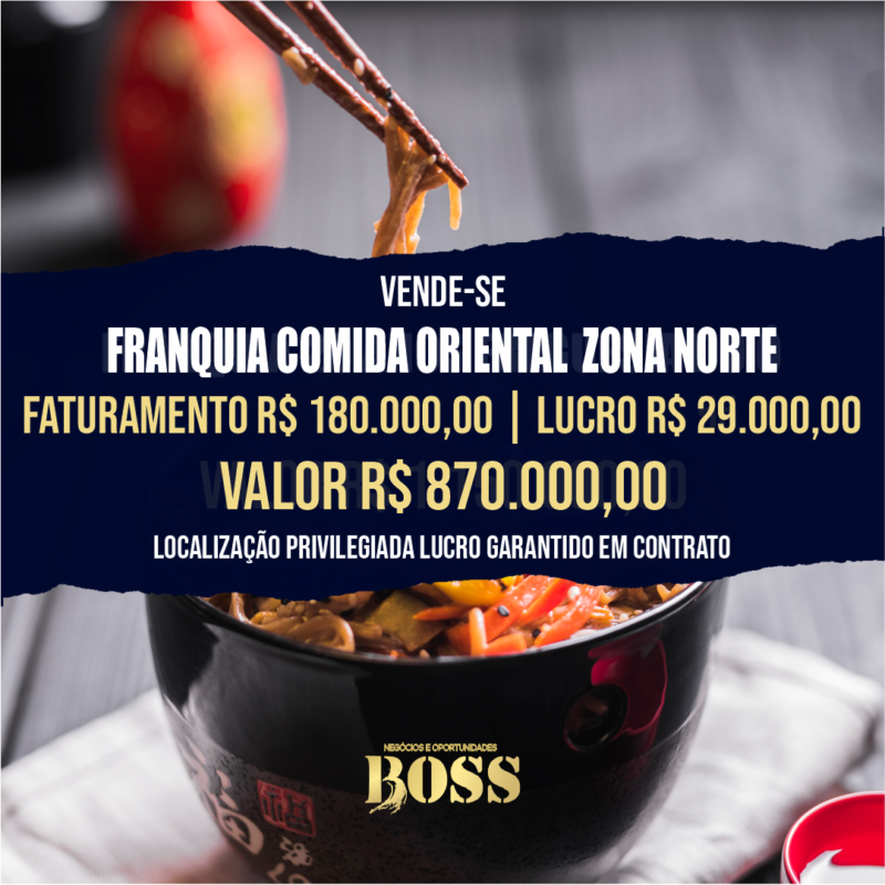 Franquia  Comida Chinesa Zona Norte <br>Faturamento mensal R$ 180.000,00 <br>Lucro mensal R$ 29.000,00