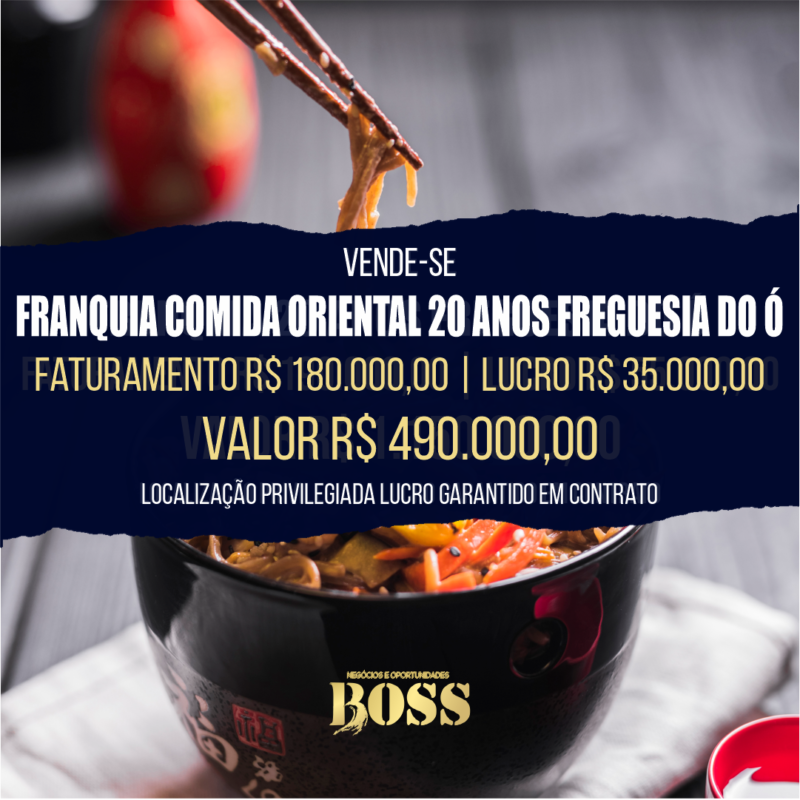 Franquia  Comida Chinesa Zona Norte <br>Faturamento mensal R$ 180.000,00 <br>Lucro mensal R$ 35.000,00