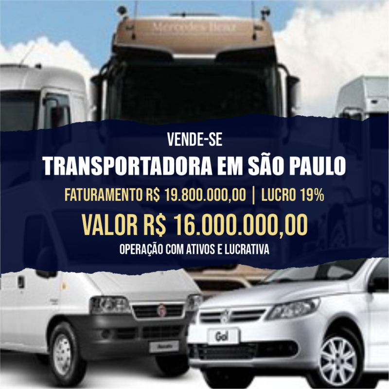 Transportadora Região de São Paulo <br>Faturamento R$ 19,8 milhões <BR>EBITDA 19%