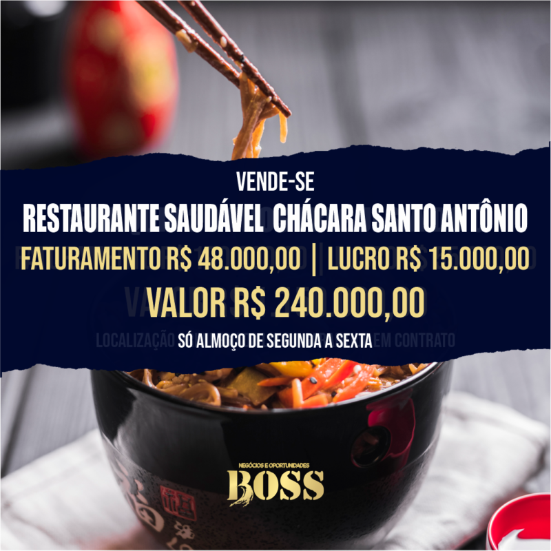 Restaurante Saudável Chácara Santo Antônio <br>Faturamento mensal R$ 48.000,00 <br>Lucro mensal R$ 15.000,00