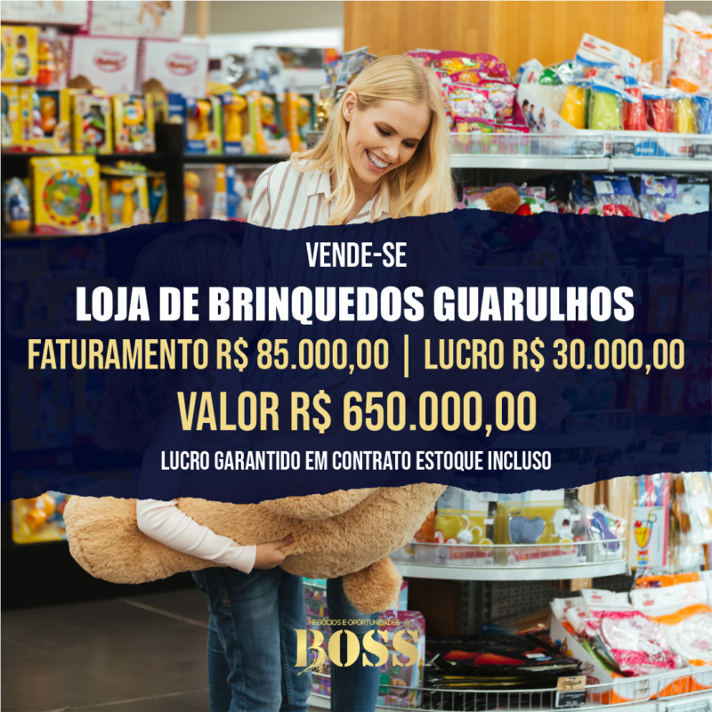 Loja de Brinquedo Guarulhos <br>Faturamento mensal R$ 85.000,00 <br>Lucro mensal R$ 30.000,00
