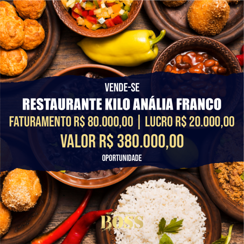 Restaurante por Kilo Anália Franco <br>Faturamento mensal R$ 80.000,00 <br>Lucro mensal R$ 20.000,00
