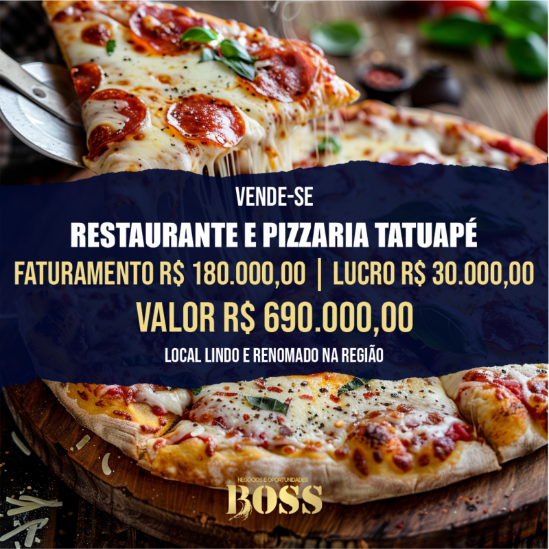 Restaurante e Pizzaria Tatuapé <br>Faturamento mensal R$ 180.000,00 <br>Lucro mensal R$ 28.000,00
