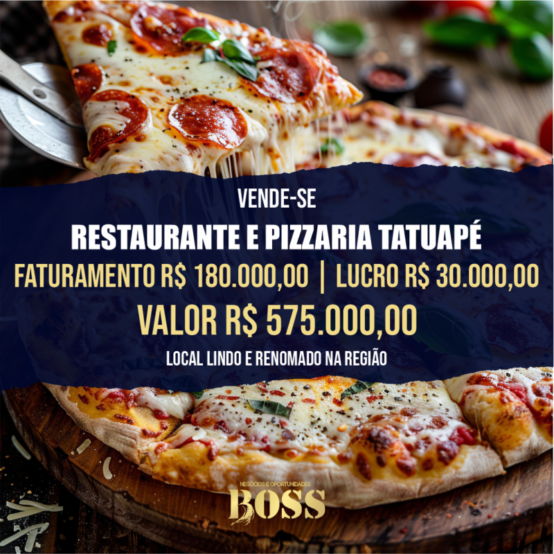 Restaurante e Pizzaria Tatuapé <br>Faturamento mensal R$ 180.000,00 <br>Lucro mensal R$ 30.000,00