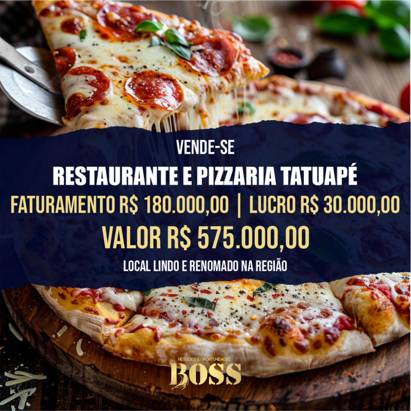 Restaurante e Pizzaria Tatuapé <br>Faturamento mensal R$ 180.000,00 <br>Lucro mensal R$ 30.000,00