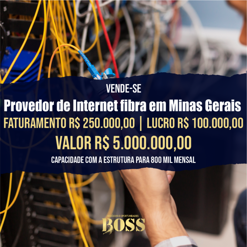 Provedor de internet fibra óptica em Minas Gerais <br>Faturamento mensal R$ 250.000,00 <br>Lucro mensal R$ 100.000,00