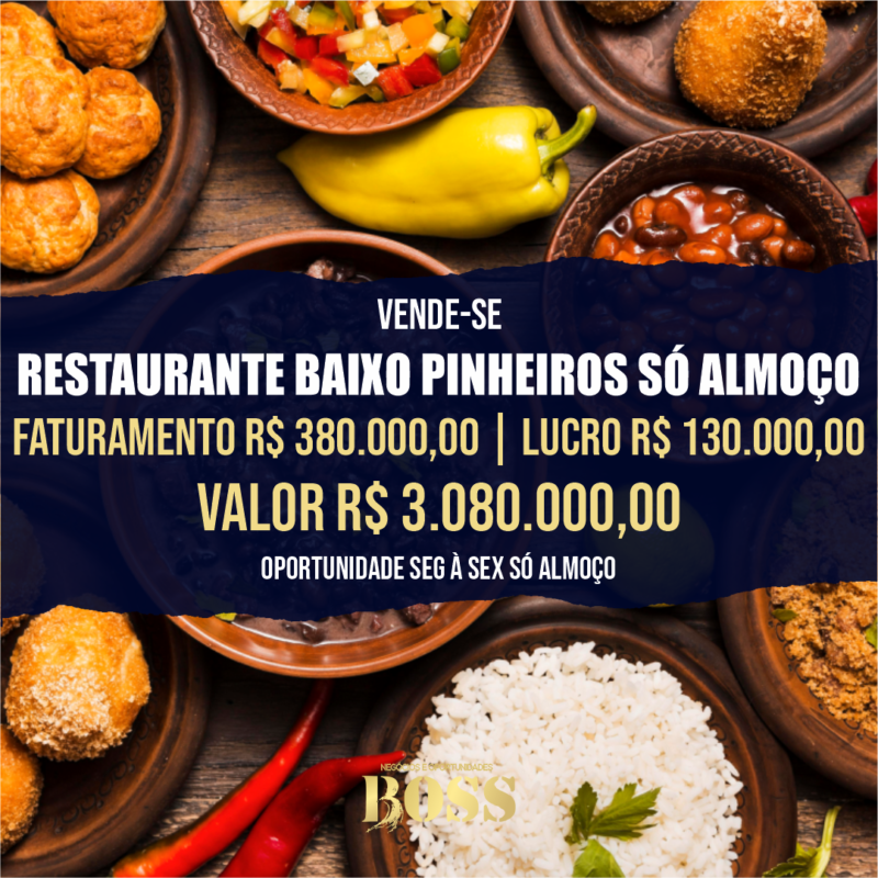 Restaurante Baixo Pinheiros <br> Faturamento mensal R$ 380.000,00 <br>Lucro mensal R$ 130.000,00