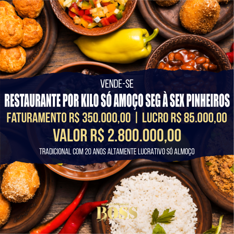Restaurante Pinheiros <br> Faturamento mensal R$ 350.000,00 <br>Lucro mensal R$ 85.000,00