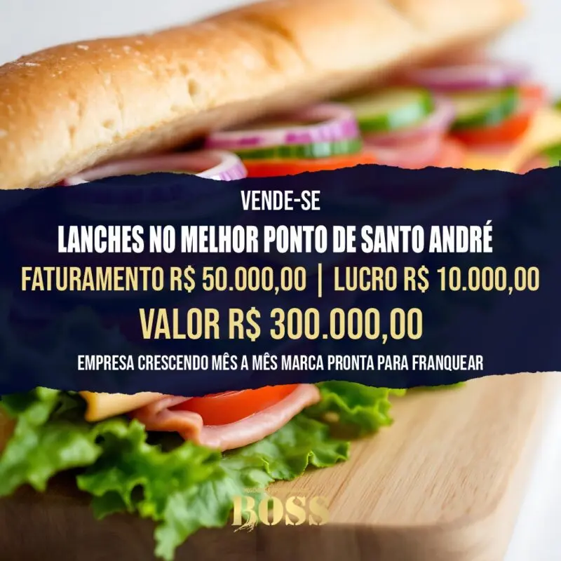 Lanches Melhor Ponto de Santo André <br>Faturamento mensal R$ 50.000,00 <br>Lucro mensal R$ 10.000,00