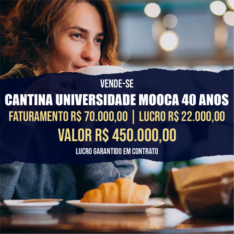 Cantina Universidade Mooca <br>Faturamento mensal R$ 70.000,00 <br>Lucro mensal R$ 30.000,00
