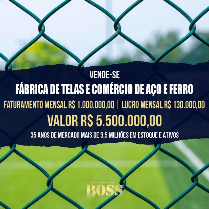 Fábrica de Telas e Comércio de Tubos Aço e Ferro SP <br>Faturamento mensal R$ 1.000.000,00 <br>Lucro mensal R$ 130.000,00