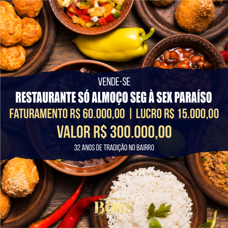 Restaurante só Almoço no Paraíso 32 anos <br>Faturamento mensal R$ 60.000,00 <br>Lucro mensal R$ 15.000,00