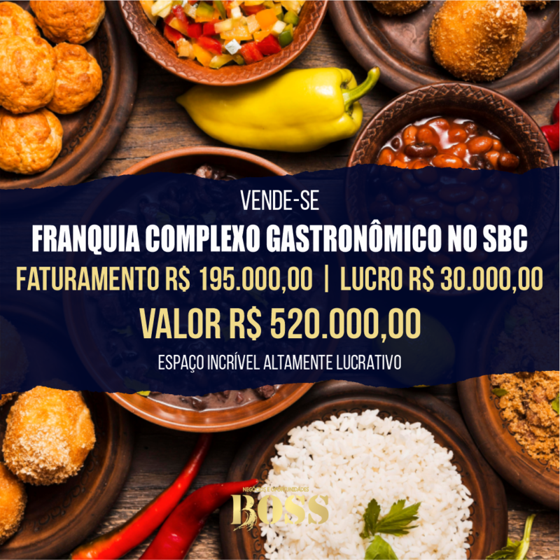 Franquia Complexo Gastronômico SBC <br>Faturamento mensal R$ 195.000,00 <br>Lucro mensal R$ 30.000,00