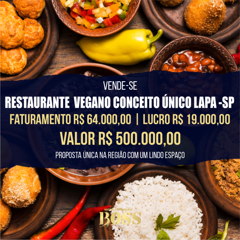 Restaurante Vegano na Lapa <br>Faturamento mensal R$ 64.000,00 <br>Lucro mensal R$ 19.000,00