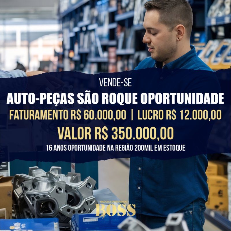 Loja Auto-Peças São Roque Oportunidade <br>Faturamento mensal R$ 60.000,00 <br>Lucro mensal R$ 12.000,00