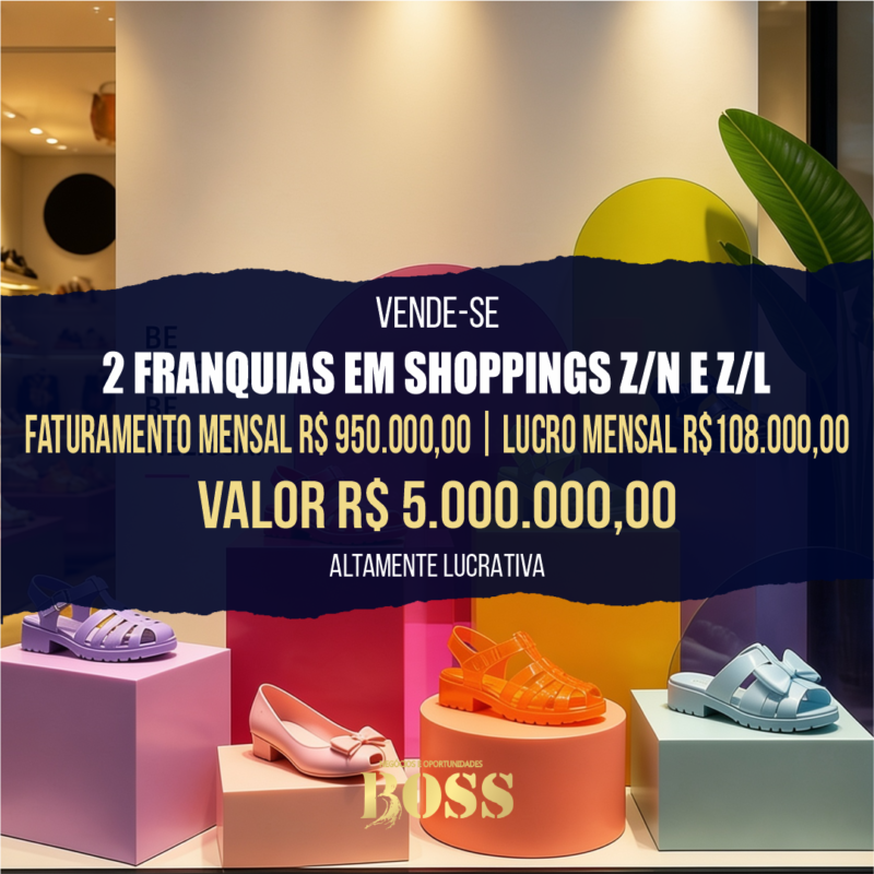 2 Franquias famosas shoppings na zona norte e zona leste <br>Faturamento mensal 950.000,00 <br>Lucro mensal R$ 108.000,00