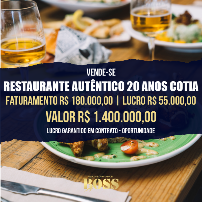 Restaurante em Cotia 20 anos <br>Faturamento mensal R$ 180.000,00 <br>Lucro mensal R$ 55.000,00