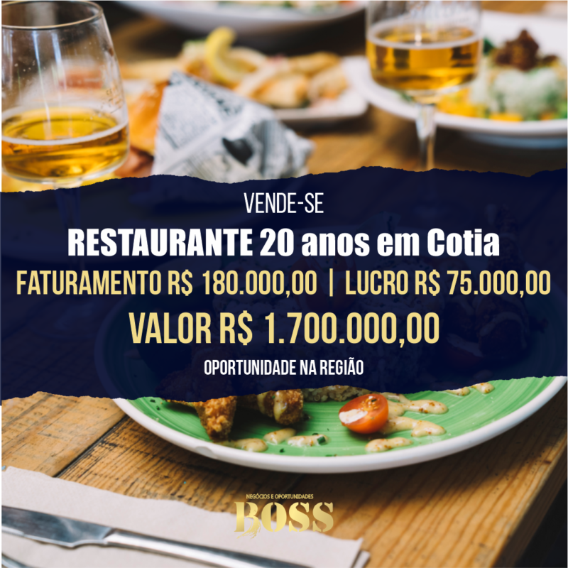 Restaurante em Cotia 20 anos <br>Faturamento mensal R$ 180.000,00 <br>Lucro mensal R$ 75.000,00