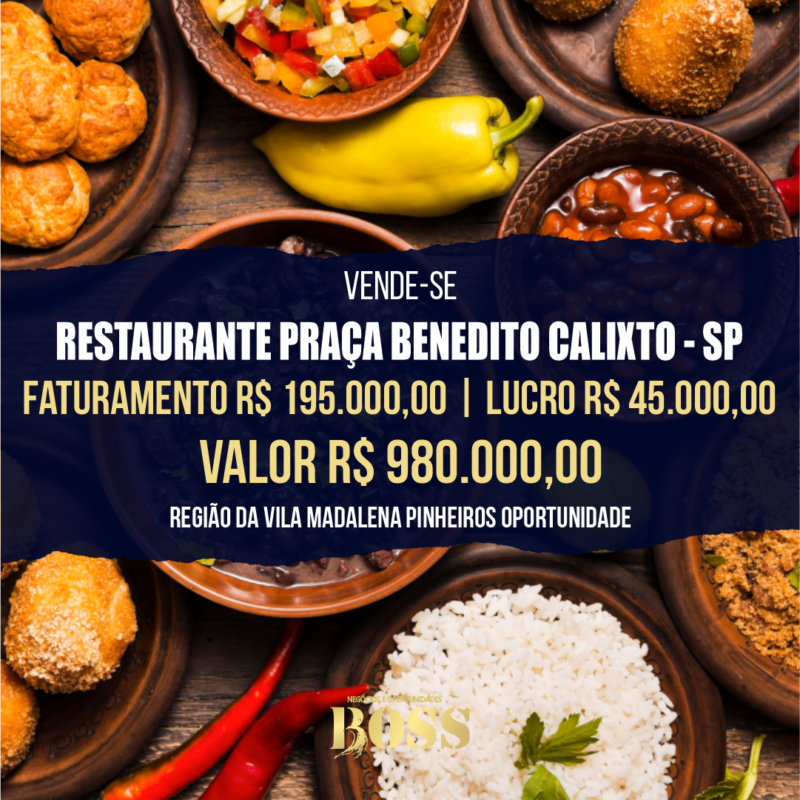 Restaurante em Pinheiros <br>Faturamento mensal R$ 195.000,00 <br>Lucro mensal R$ 45.000,00
