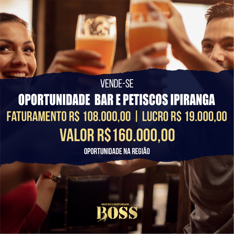 Bar Petisco no Ipiranga Oportunidade <br>Faturamento mensal R$ 108.000,00 <br>Lucro ensal R$ 19.000,00