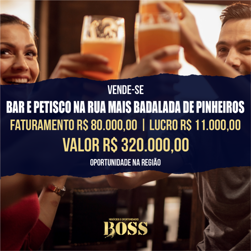 Bar e Petisco Na Rua Mais Badalada de Pinheiros <br>Faturamento mensal R$ 80.000,00 <br>Lucro mensal R$ 11.000,00