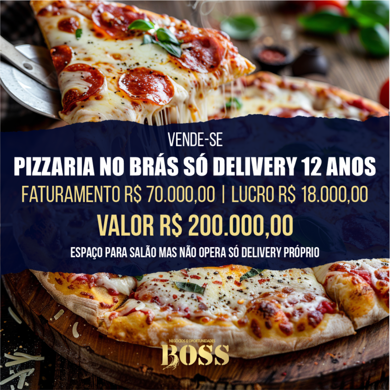 Pizzaria Só Delivery no Brás <BR>Faturamento mensal R$ 70.000,00 <BR>Lucro mensal R$ 18.000,00